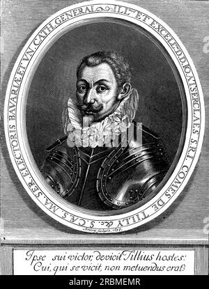 Ritratto di Johann Tserclaes, conte di Tilly feldmaresciallo, Comandante in capo delle forze del Sacro Romano Impero nella Guerra dei Trent'anni, comandante della Lega Cattolica con importanti vittorie contro i protestanti come sacco della città protestante di Magdeburgo. Sconfitto a Breitenfeld nel 1631 dall'esercito svedese del re Gustavo Adolfo. Foto Stock