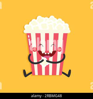 Simpatico personaggio popcorn su sfondo giallo. Popcorn sorridenti in stile piatto. Illustrazione vettoriale Illustrazione Vettoriale