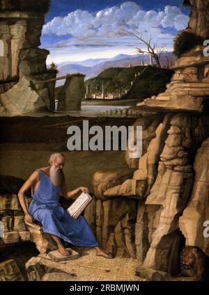 San Girolamo lettura in un paesaggio, Giovanni Bellini, 1480 circa, Foto Stock