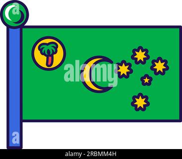 Bandiera di Cocos malays Island Nation sul vettore flagpole. Palma tropicale floreale, luna a mezzaluna dorata e stelle sul campo verde del symbo ufficiale di keeling Illustrazione Vettoriale