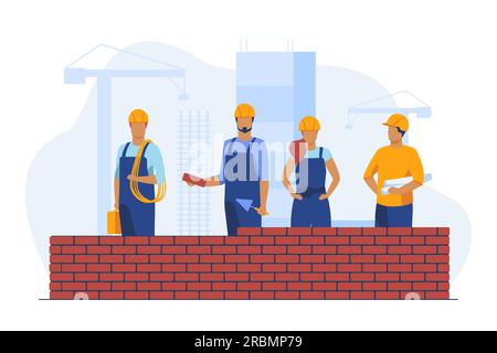 Costruttori professionisti che fanno muro di mattoni Illustrazione Vettoriale