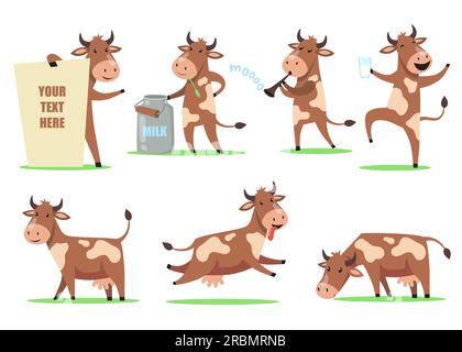 Divertente set di mucche da cartoni animati Illustrazione Vettoriale