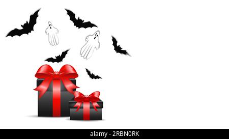 Banner, confezioni regalo nere con fiocchi rossi, il concetto di regali e sorprese per Halloween, pipistrelli e fantasmi: L'atmosfera di Halloween, su un bianco Illustrazione Vettoriale