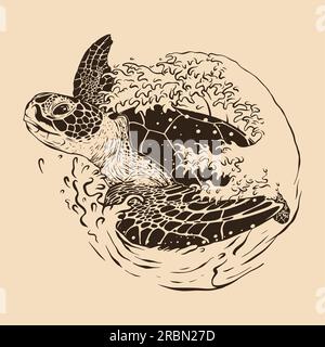 Le onde delle tartarughe marine disegnano un animale vettoriale Foto Stock