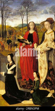 La pala Portinari, St. Mary Magdalen e St. Margherita con Maria Baroncelli e la figlia Margherita Portinari, ala destra 1475 di Hugo van der Goes Foto Stock