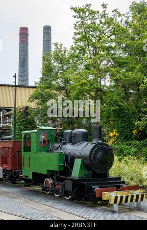 Locomotiva storica sullo sfondo di edifici industriali e vegetazione. Carnall zone a Zabrze. Polonia Foto Stock