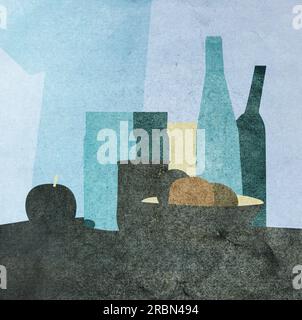 collage piatto stilizzato still life con biberon e cestino di frutta stampati su carta Foto Stock