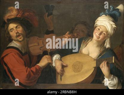 A Merry Group Behind a Balustrade with a Violin and a Lute Player 1623 di Gerard van Honthorst Foto Stock