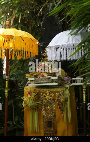 Canang sari, contenitore di bambù intessuto con riso, fiori, incenso, dolci e frutta. Si tratta di un'offerta agli dei, come gesto di gratitudine a Bali Foto Stock