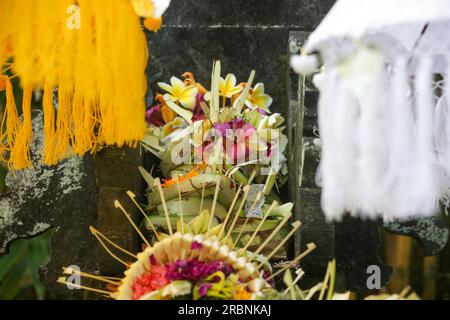 Canang sari, contenitore di bambù intessuto con riso, fiori, incenso, dolci e frutta. Si tratta di un'offerta agli dei, come gesto di gratitudine a Bali Foto Stock