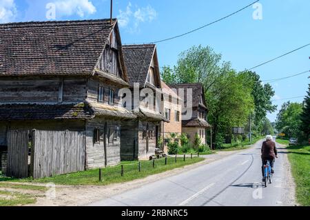 Vecchie case tradizionali in legno nel villaggio di Krapje. Parco naturale di Lonjsko Polje, Croazia. Foto Stock