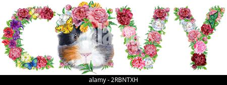 Parola bro di acquerelli di fiori, isolati disegnati a mano su uno sfondo bianco, design di nozze, alfabeto inglese Foto Stock