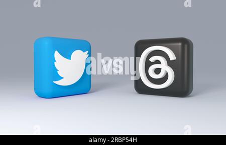 Madrid, Spagna - luglio 2023: Twitter and Threads app icon Discussion è una nuova app di social media Instagram e Meta per microblogging. Rendering 3D. Foto Stock