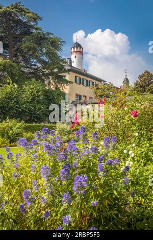 Giardino dell'Orangerie, sullo sfondo il Castello del Langravio con la torre bianca a Bad Homburg, Taunus, Assia, Germania Foto Stock