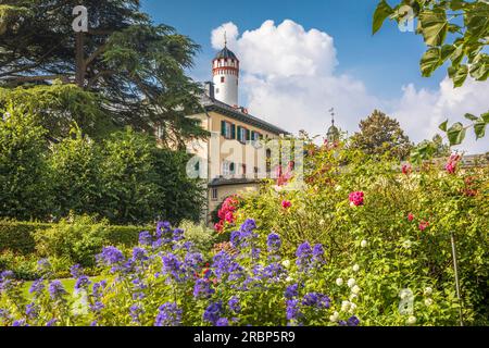 Giardino dell'Orangerie, sullo sfondo il Castello del Langravio con la torre bianca a Bad Homburg, Taunus, Assia, Germania Foto Stock