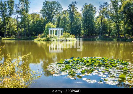 Laghetto con isola e colonnati nel parco Kleiner Tannenwald a Bad Homburg vor der Hoehe, Taunus, Assia, Germania Foto Stock