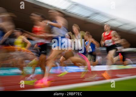 Kassel, Deutschland. 9 luglio 2023. Funzione, azione, gruppo, corridore, dinamica, Blurred, 1500m finale maschile, il 07/09/2023 Campionato tedesco di atletica leggera 2023, dal 07/08/2023 al 09.07.2023 a Kassel/Germania. Credito: dpa/Alamy Live News Foto Stock