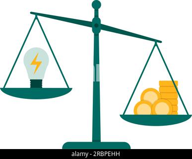 Il concetto di costo dell'energia: Bilancia con lampada elettrica su un piatto e denaro contante sull'altro lato Illustrazione Vettoriale