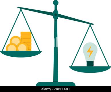 Il concetto di costo dell'energia: Bilancia con lampada elettrica su un piatto e denaro contante sull'altro lato Illustrazione Vettoriale