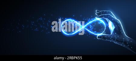 Segno infinito nella mano digitale. Potenza AI, tecnologia metaversa Illustrazione Vettoriale