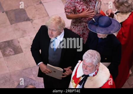 Boris Johnson e la moglie Carrie assistono all'incoronazione di re Carlo III all'interno dell'Abbazia di Westminster, Londra, Regno Unito, Londra, Inghilterra, Regno Unito 6 maggio 2023 Foto Stock