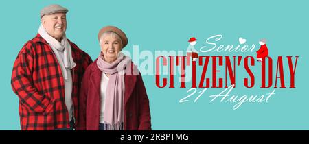 Banner per la giornata mondiale dei cittadini anziani con una felice coppia di anziani Foto Stock