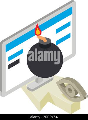 Icona Cyber Attack vettore isometrico. Bomba sul monitor del computer e cursore a freccia. Minaccia Internet, criminalità informatica Illustrazione Vettoriale