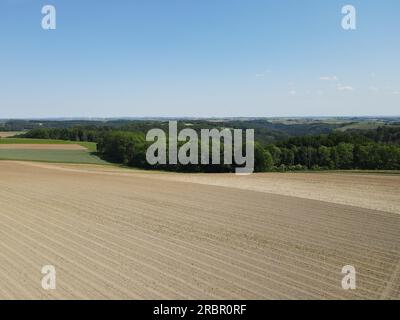 Vista con droni dei campi arati bruni con terra, alberi e un cielo blu soleggiato in estate Foto Stock