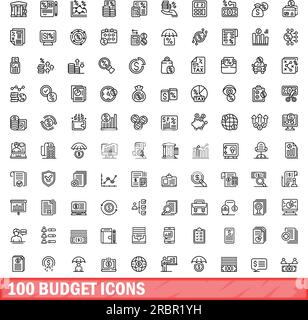 set di icone budget 100. Illustrazione di 100 icone di budget insieme di vettori isolati su sfondo bianco Illustrazione Vettoriale