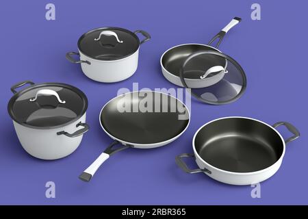 Set di pentola volante in acciaio inox, padella e pentole in alluminio cromato su sfondo viola. 3d render di utensili da cucina antiaderenti Foto Stock