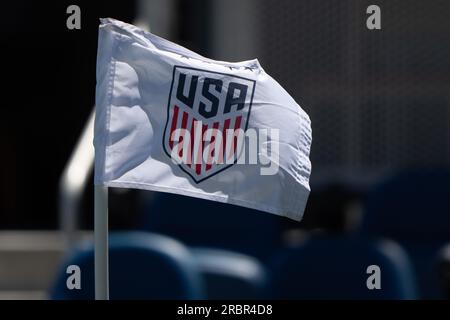 9 luglio 2023; San Jose, CA, Stati Uniti; vista generale della bandiera d'angolo degli Stati Uniti prima dell'inizio della partita tra USA e Galles al PayPal Park. Foto: Stan Szeto - immagine dello sport Foto Stock