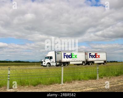 FedEx Ground Shipping autocarro per la consegna di pacchi a basso costo con due rimorchi che guida verso sud sull'Interstate 5 Oregon USA Foto Stock