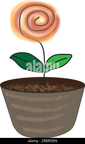 Semplice vettore di un fiore a spirale giallo e rosso in vaso di fiori marrone-marrone, disegno per bambini Illustrazione Vettoriale
