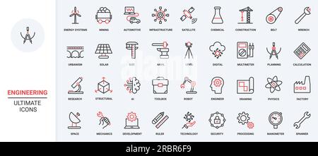 Le icone rosse e nere di tendenza per la progettazione, l'industria e la produzione di energia rappresentano un'illustrazione vettoriale. Gli ingegneri lavorano, infrastrutture digitali e attrezzature per l'edilizia, pannelli solari e turbine. Illustrazione Vettoriale