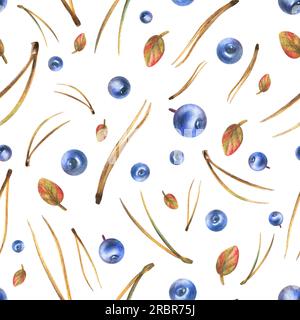 Mirtilli con foglie e aghi di pino. Illustrazione acquerello, disegnata a mano. Foresta, vegetale, motivo senza cuciture per tessuti, tessuti, carte da parati Foto Stock