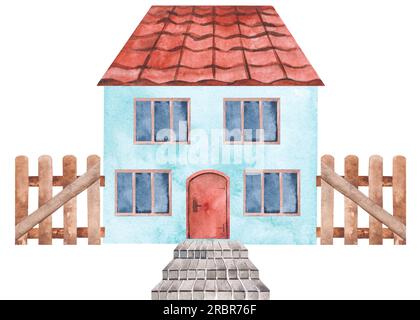 Casa acquerello con una porta e finestre, un tetto piastrellato, scale e vasi da fiori. Set di elementi su sfondo bianco. Illustrazione per cartoline, libri Foto Stock