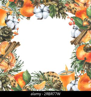 Tangerini con cotone, rami e coni di pino, dolci, candele e spezie. Illustrazione acquerello disegnata a mano per l'arredamento di Natale. Telaio quadrato Foto Stock