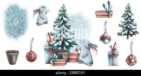 Albero di Natale in una pentola con scatole regalo, un coniglio appeso palle di giocattoli. Illustrazione acquerello, disegnata a mano. Set di composizioni isolate e. Foto Stock