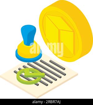 Icona di conferma vettore isometrico. Documento, sigillo, segno di spunta vicino alla moneta neo. Tecnologia finanziaria, concetto di criptovaluta Illustrazione Vettoriale