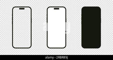 Kiev, Ucraina - 10 luglio 2023: Mockup telefono di nuova generazione. Set di illustrazione vettoriale iPhone 15 Pro Max. Schermo vuoto con sfondo trasparente e. Illustrazione Vettoriale