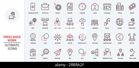 Freelance, le icone rosse nere a righe sottili consentono di lavorare in ufficio. Comunicazione online e collaborazione di freelance con sedi remote, produttività e portfolio di curriculum. Illustrazione Vettoriale
