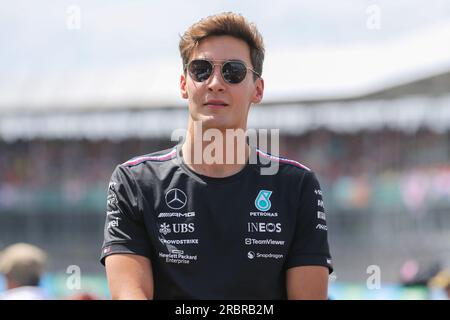 George Russell 63 (GBR), Mercedes W14 durante la FORMULA 1 ARAMCO BRITISH GRAND PRIX 2023 sul circuito di Silverstone, nel Regno Unito, il 9 luglio 2023 Foto Stock