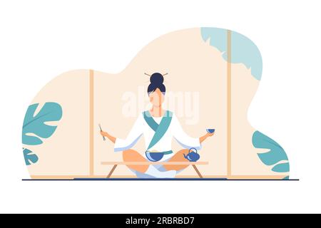 Donna cinese seduta a tavolino e mangiare Illustrazione Vettoriale