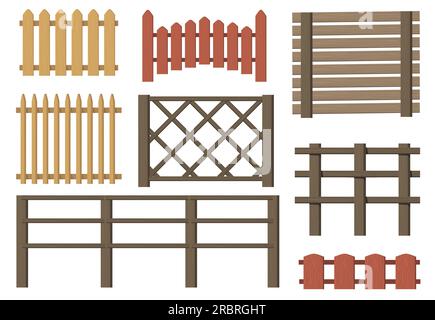 Set di elementi piatti recinzioni in legno rurali Illustrazione Vettoriale