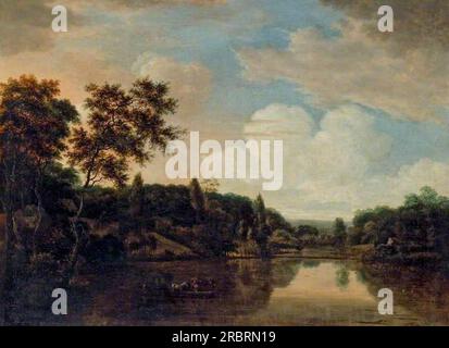 Traghetto su un fiume, alberi su una collina a sinistra da Hendrick Cornelisz Vroom Foto Stock