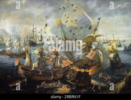 L'esplosione della nave ammiraglia spagnola durante la battaglia di Gibilterra, il 25 aprile 1607 1621, ad opera di Hendrick Cornelisz Vroom Foto Stock