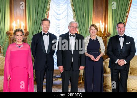 Lussemburgo, Lussemburgo. 10 luglio 2023. Lussemburgo, città del Lussemburgo, 10. Luglio 2023; visita di Stato in Lussemburgo del presidente della Repubblica tedesca Frank Walter-Steinmeier e di sua moglie, la signorina Elke Buedenbender, foto: (L-R) sua altezza reale la Granduchessa Maria Teresa (nata María Teresa Mestre y Batista) del Lussemburgo; Sua altezza reale il Granduca Henri von Nassau di Lussemburgo, Frank-Walter Steinmeier, Elke Buedenbender, sua altezza reale il Granduca ereditario il Principe Guillaume, SIP Gov. Handout/ATP Images (Emmanuel Claude/ATP/SPP) credito: SPP Sport Press Photo. /Alamy Live News Foto Stock