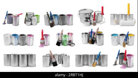 Vernici di diversi colori in lattine, spazzole e rulli isolati su bianco, design collage Foto Stock