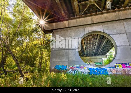 Kiev, Ucraina, ottobre 1, 2015, sotto il ponte Moscovsky a Kiev, Ucraina. La vecchia struttura metallica è attaccata dalla ruggine. I Grafitti sono dipinti sul Foto Stock