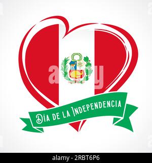 Bandiera a cuore del Perù con stemma e testo Fiestas Patrias. Buon giorno dell'indipendenza Perù, disegno del biglietto d'auguri. Logo Creative Heart. Grafica della T-shirt Illustrazione Vettoriale